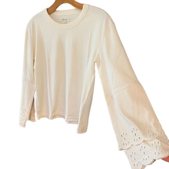 Madewell Sz XS Beige Tiered Eyelet Statement Long Sleeves Soft Cotton T-Shirt - Picture 3 of 6